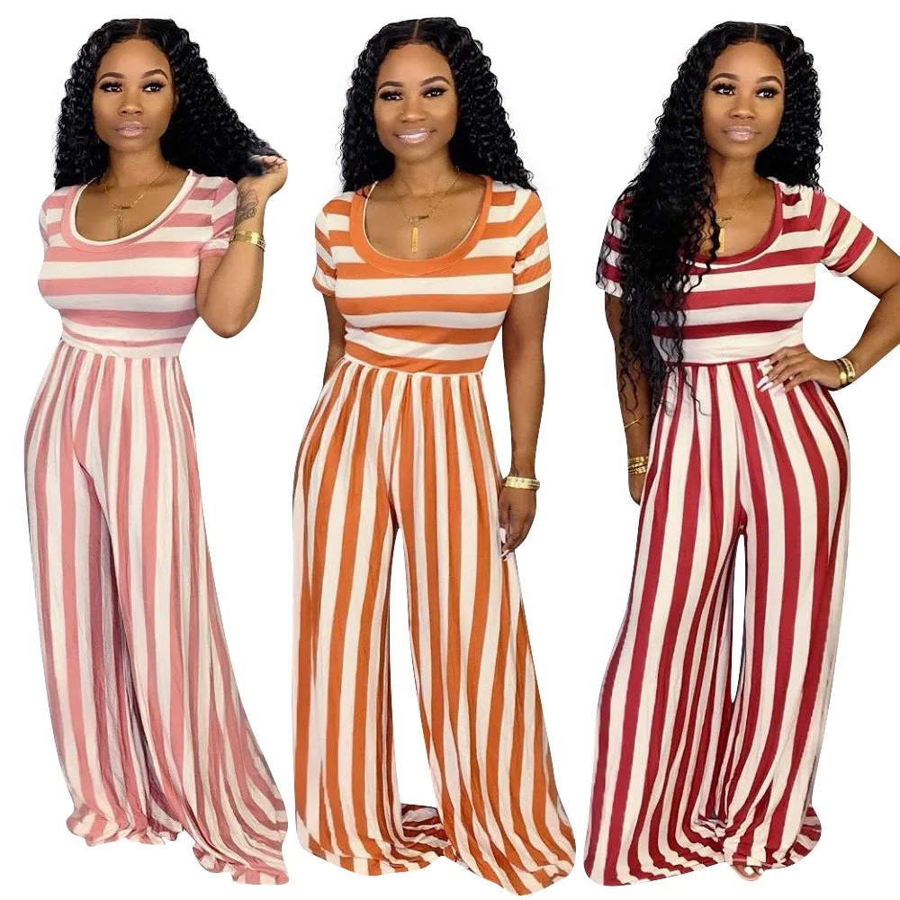 

Fashion Casual Round Neck Short Sleeve Elegant Striped Woman Wide-leg Jumpsuit