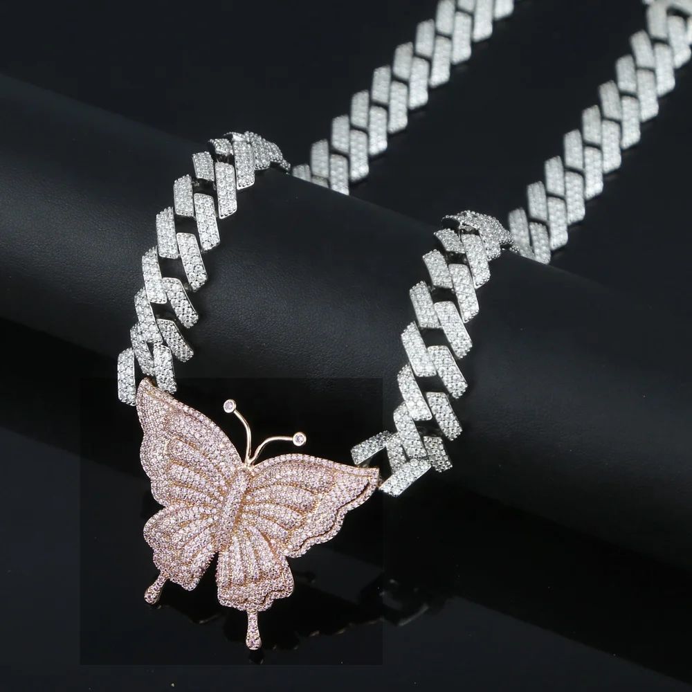 

Big size Butterfly pendant charm necklace with miami curb cuban chain hip hop necklace rapper gift rock women jewelry, Black