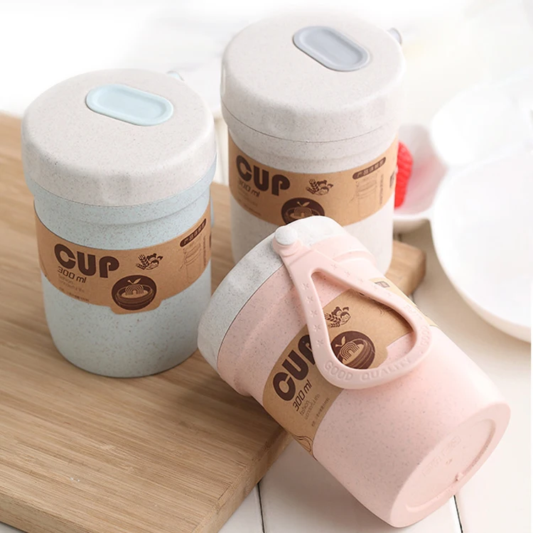 

Microwave Safe Heat Insulated Biodegradable Breakfast Porridge Double Wall Soup Coffee Beverage Wheat Straw Cup With Handle, Blue /pink/apricot