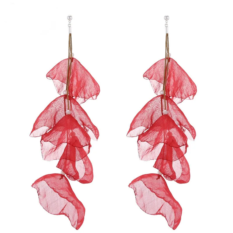

European Fashion Elegant Pendant Women Dangle Trendy Fabric Yarn Lace Flower Stud Earrings For Women, Yellow,red