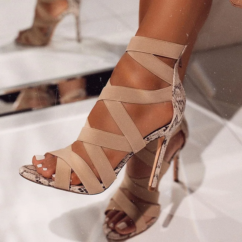 

Pointed Toe Rhinestone Gladiator Pumps Party Sexy Shoes Prom Shoes Snake Summer Shoes Woman Pumps High Thin Heels