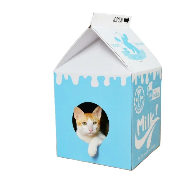 

Cute design milk box shape corrugated paper house pet toy for cat scratch board, Customized color