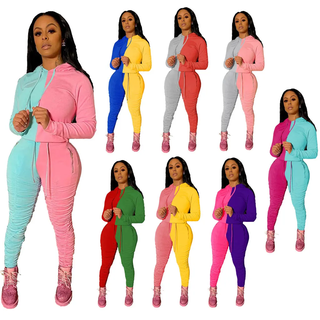 

20701-SW91 wrinkle contrast color long sleeve two piece women jumpsuit sehe fashion, 8 colors