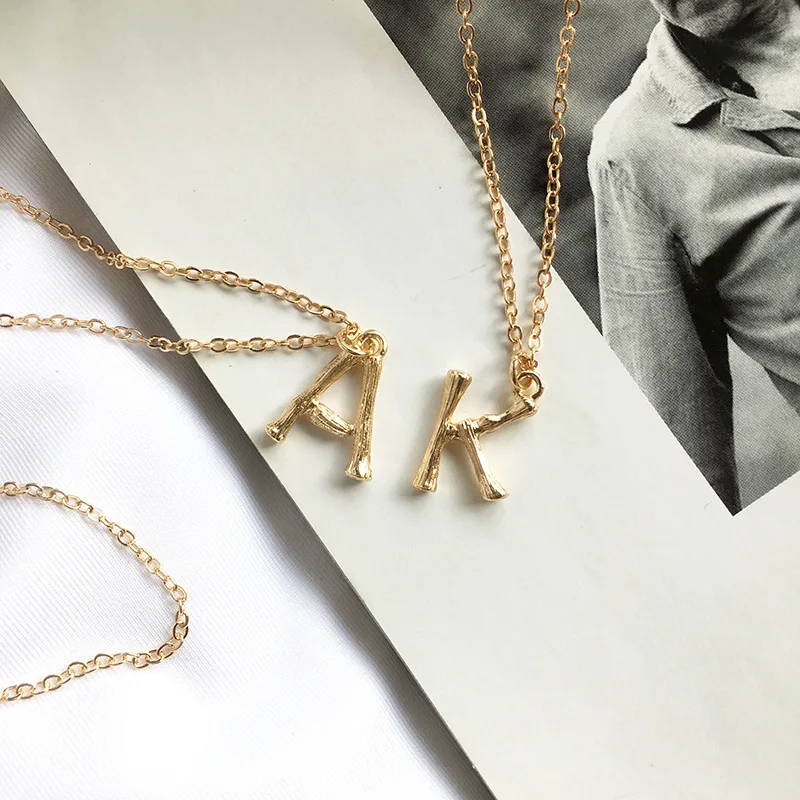 

Small Gold Hammered Metal Bamboo 26 Letter Alphabet A-Z Minimalist Initial Pendant Necklace Fashion Twist Chain Neck Jewelry, Picture