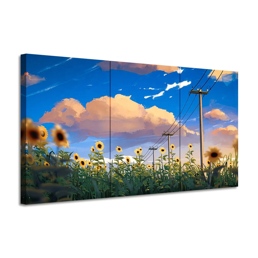 

3 Piece Oil Painting Sunflower Printing Canvas Decorations for Home Fancy Blue Sky Landscape Bedroom Decor, Multiple colours