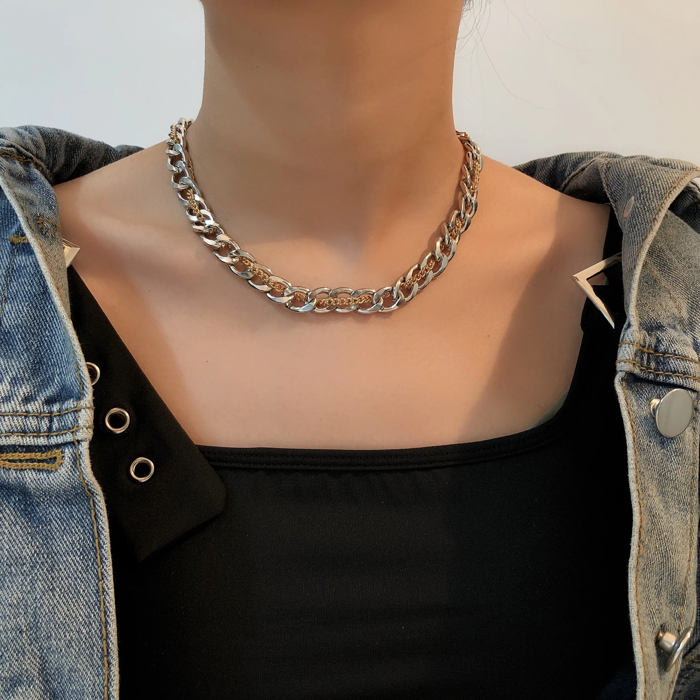 

SHIXIN Hip hop Thick Link Chunky Chain Cross Necklace Women Man Street Style Couple Clavicle Chain Charm Lariat Necklace Jewelry, Gold silver