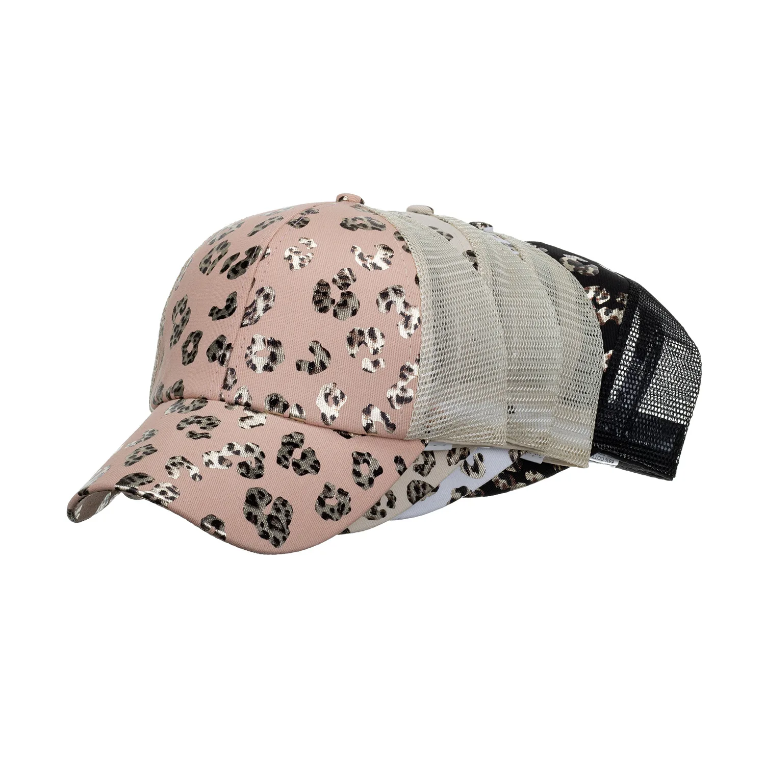 

O255 Women Casual Summer Snapback Hat Adjustable Sunflower Leopard Printed Cross Mesh Ponytail Baseball Caps