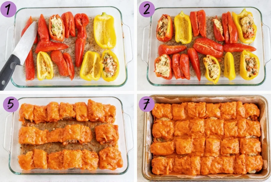 Step-by-step preparation of stuffed bell peppers showing cutting, filling, and baking process