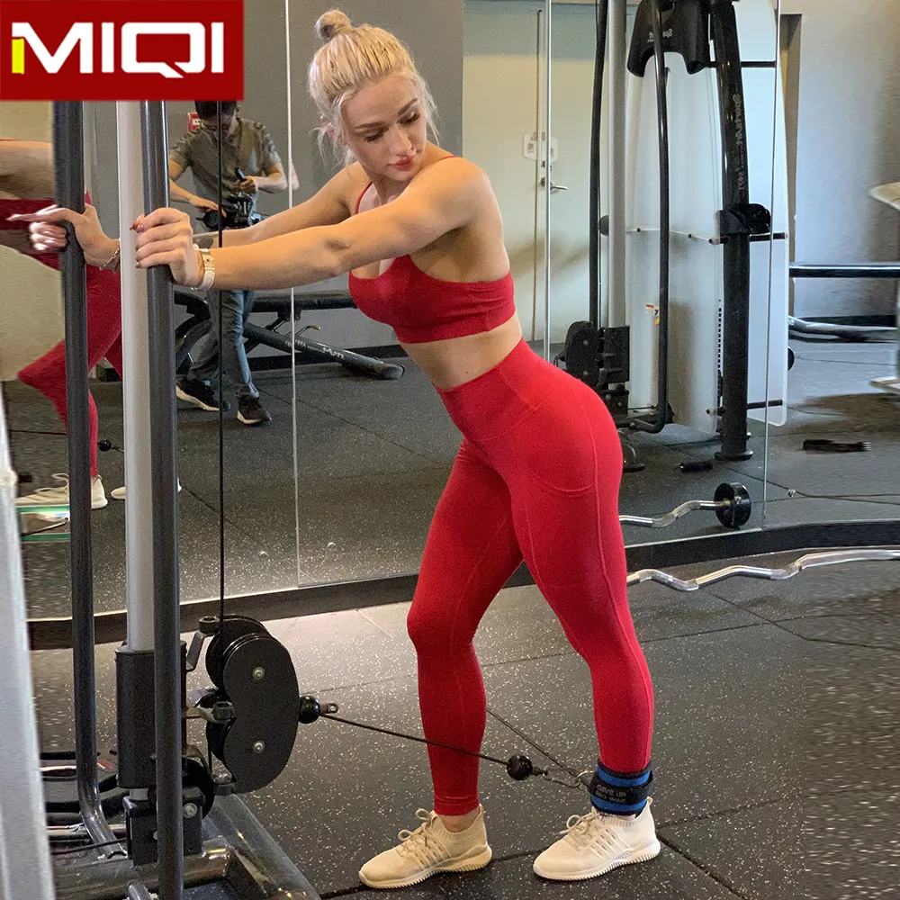 

2 Piece Sport Stretch Seamless Legging Bra Set Red Pocket Outdoor Fitness Organic Clothes Sets