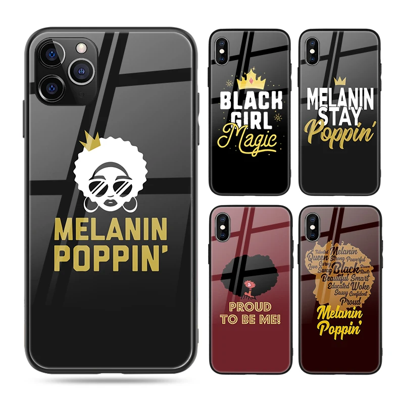 

Customized Melanin Poppin Queen Black Girl Magic Design Glossy Glass Phone Case for iPhone 7 X XR 11Pro Max Cover