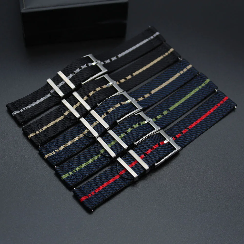 

Durable Sport Premium Buckle Smoothly Woven Braided Two Piece Stripped Twill Fabric Fabric Nylon Watch Straps 18mm 20mm 22mm