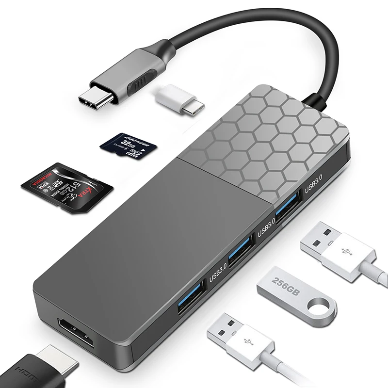 

USB C 3.0 Hub 7 in 1Multiport USB-C Adapter Type C Hubs with 4K HD/ DP Ports for MacBook Pro/Chromebook, Grey
