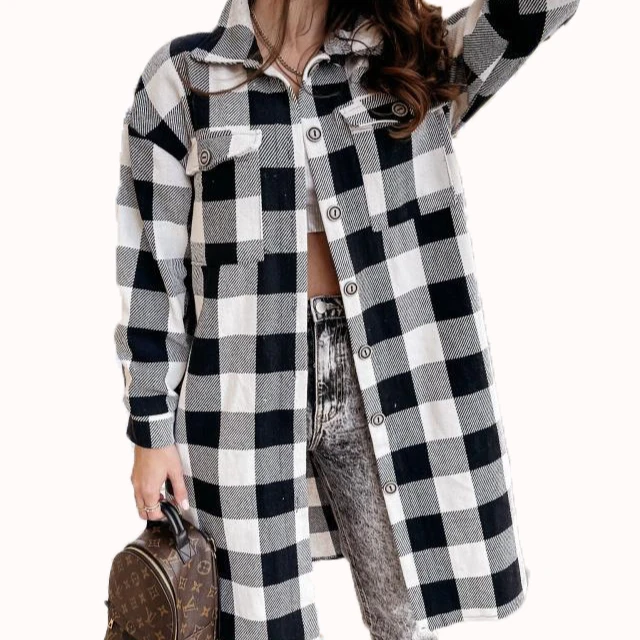 

10909-MX30 2021 autumn and winter plaid single breasted pockets plus size long shirt women coats sehe fashion