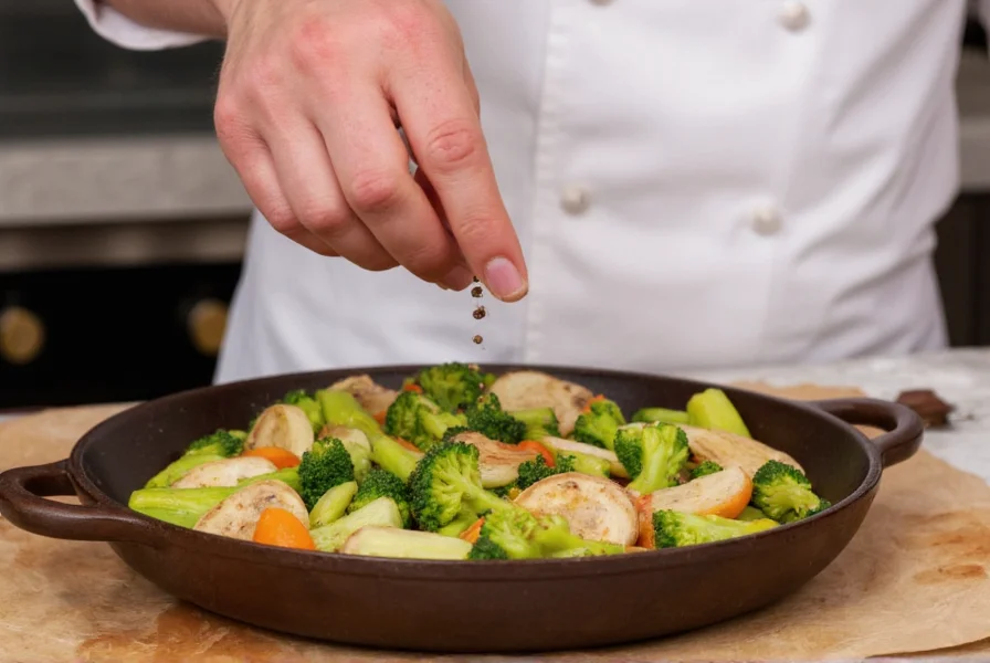 Chef adding freshly ground black pepper to cooked vegetables to maximize health benefits
