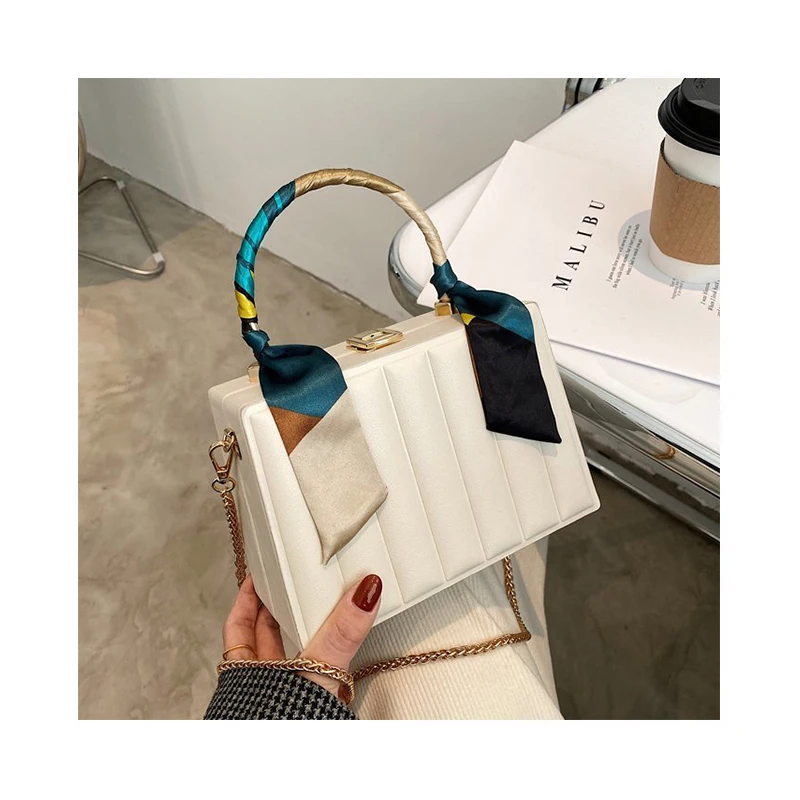

New Fashion Striped Ladies Ribbon Shoulder Bag Purse Chains Crossbody Bag With Scarf Women Metal Handle Luxury Handbag