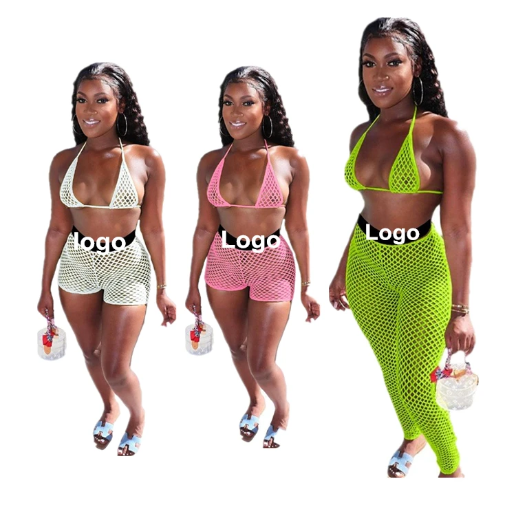 

Custom Women Two Piece Outfits Clubwear Hollow Out Bra Top Bikini and Long Pants Beach Cover Up, Solid and print design prints