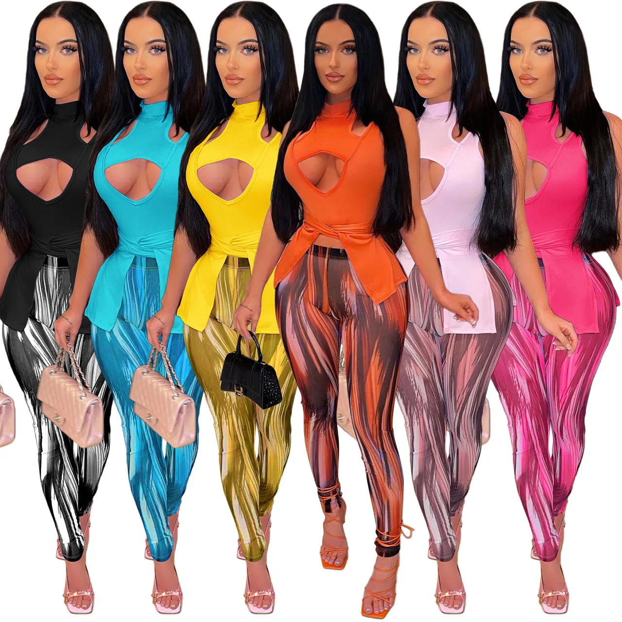

New Product Ideas 2022 Hollow Out Top Two Piece Pants Set Spring Women Clothing High Waist Print Legging Set
