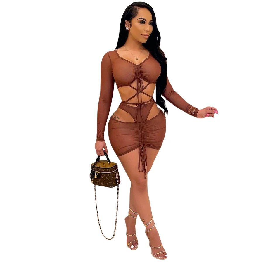 

2021 Summer Clothing Mesh Drawstring Crop Top Skirt 2 Pieces Set See Through V-neck Women sets