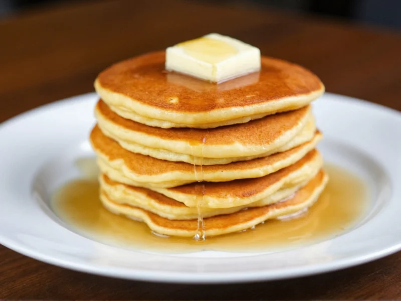 Perfect golden pancakes stacked with butter and syrup