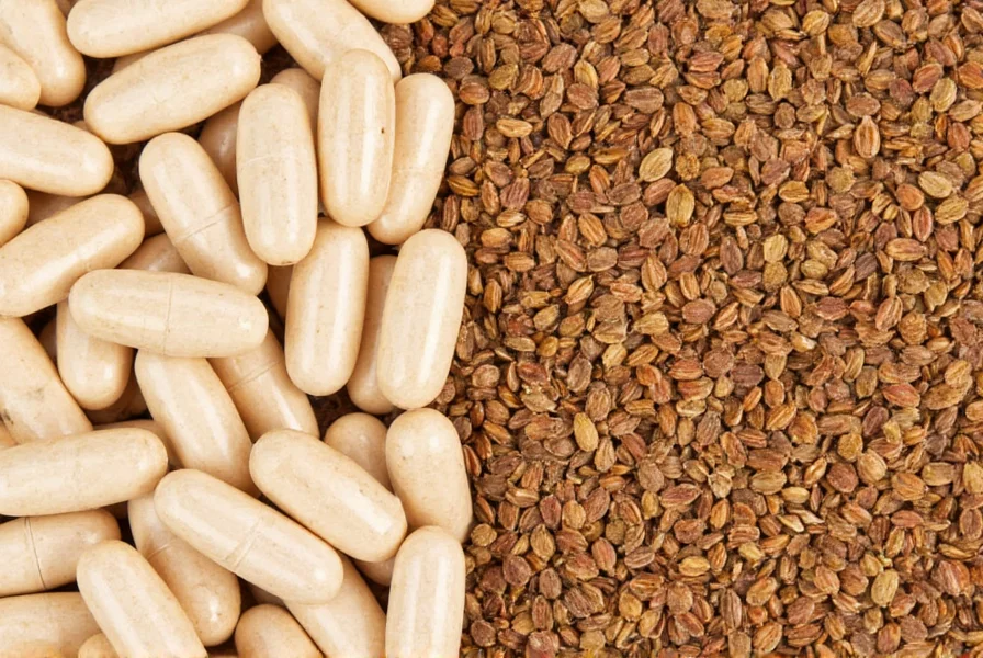 Close-up of cumin supplement capsules next to whole cumin seeds showing comparison between processed supplement and raw ingredient