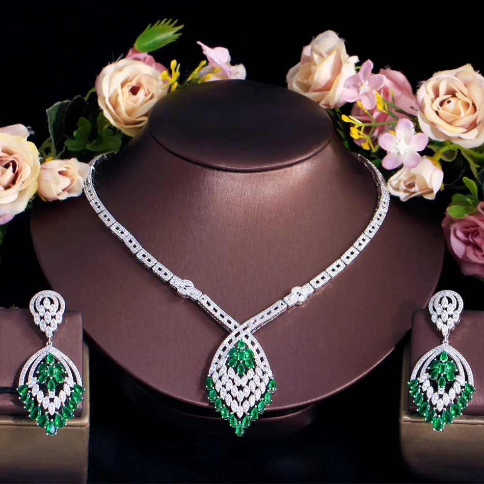 

joyffo Europe and America Jewelry Set Brass Wedding Banquet Jewelry Set 3A Zircon Green Set For Women