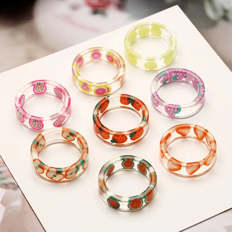 

Sweet Handmade Colorful Strawberry Lemon Apple Ring Fashion Resin Transparent Inside Fruit Creative Finger Ring For Girl Jewelry