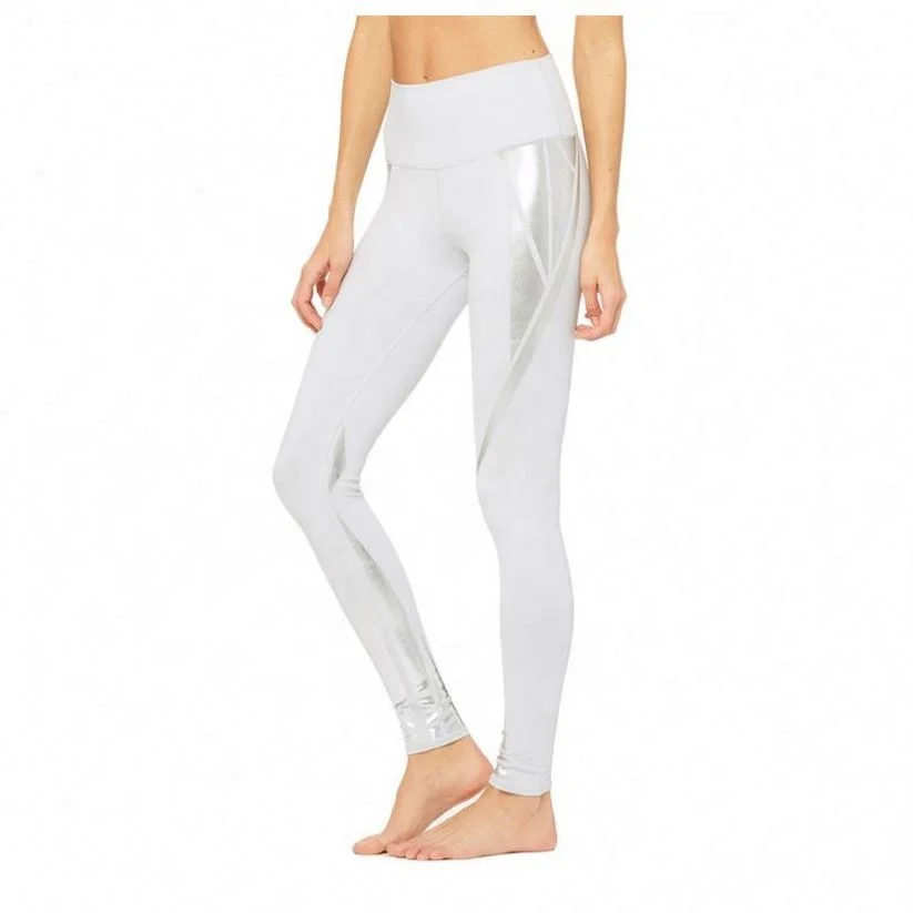 

Black White Yoga Pants Reflective Logo Printed Stripe Leggings