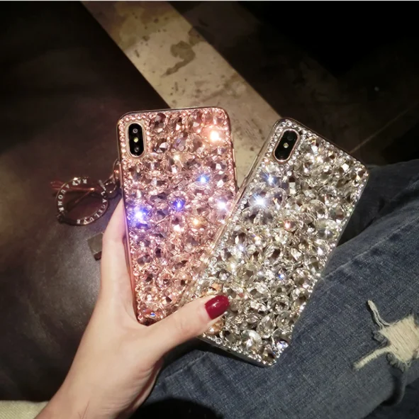

Stylish Girls Cell Phone Shell Rhinestone Silica gel Mobile Phone Case Cover for iPhone x xr xsmax, White and pink