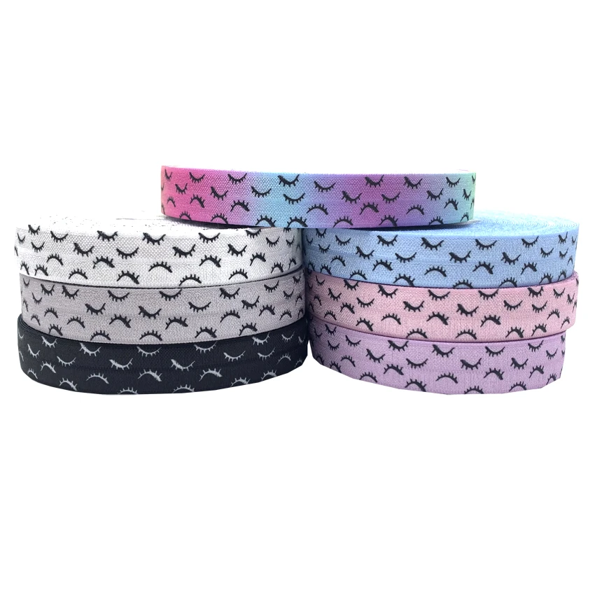 

100 Yards Eyelash Print Fold Over Elastic Stock FOE Ribbon for Girls Ponytail Holder DIY Hair Accessories Elastic Webbing, 7 colors, as per picture