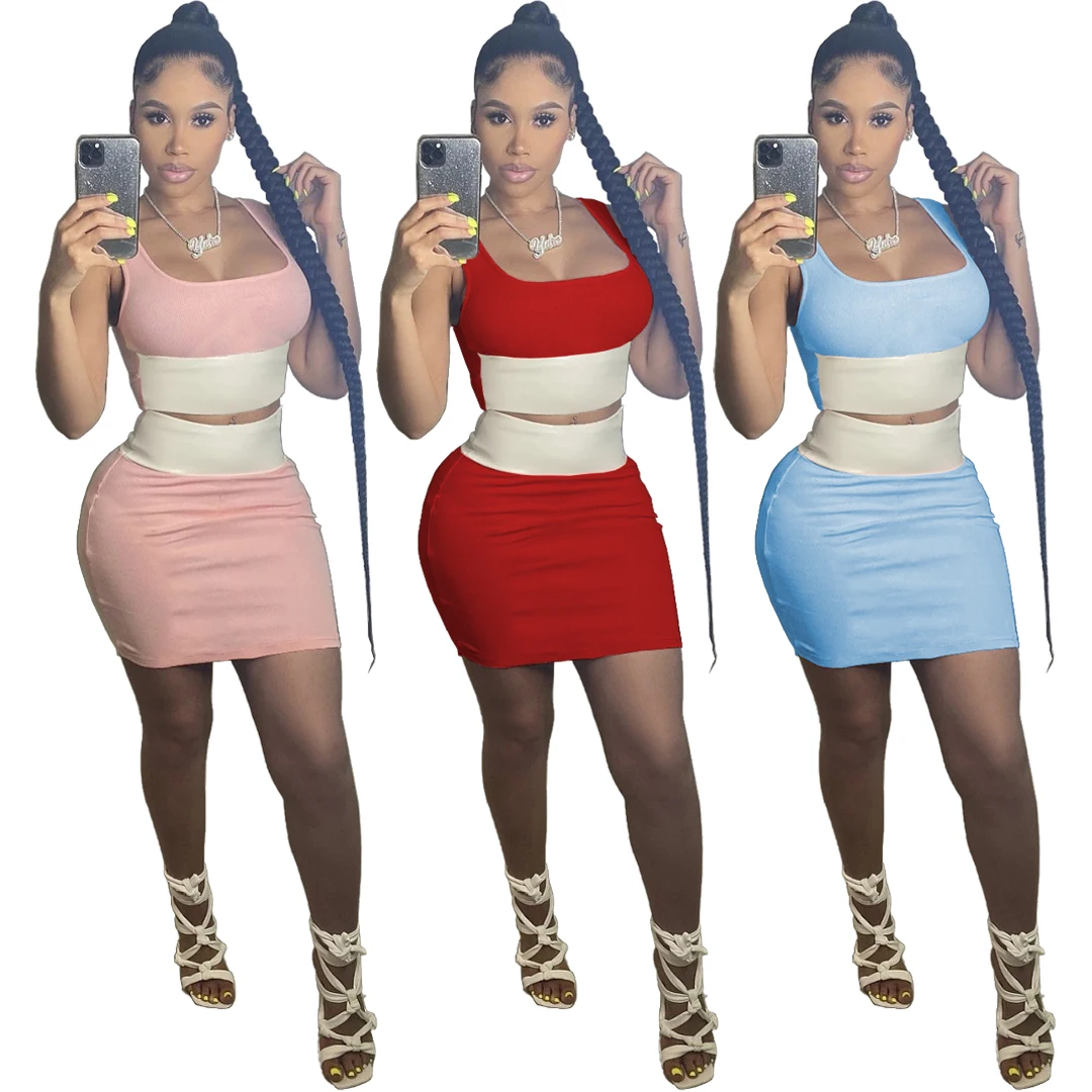 

Solid color patchwork women party tight hip skirt suitTwo piece set, Pink/red/blue