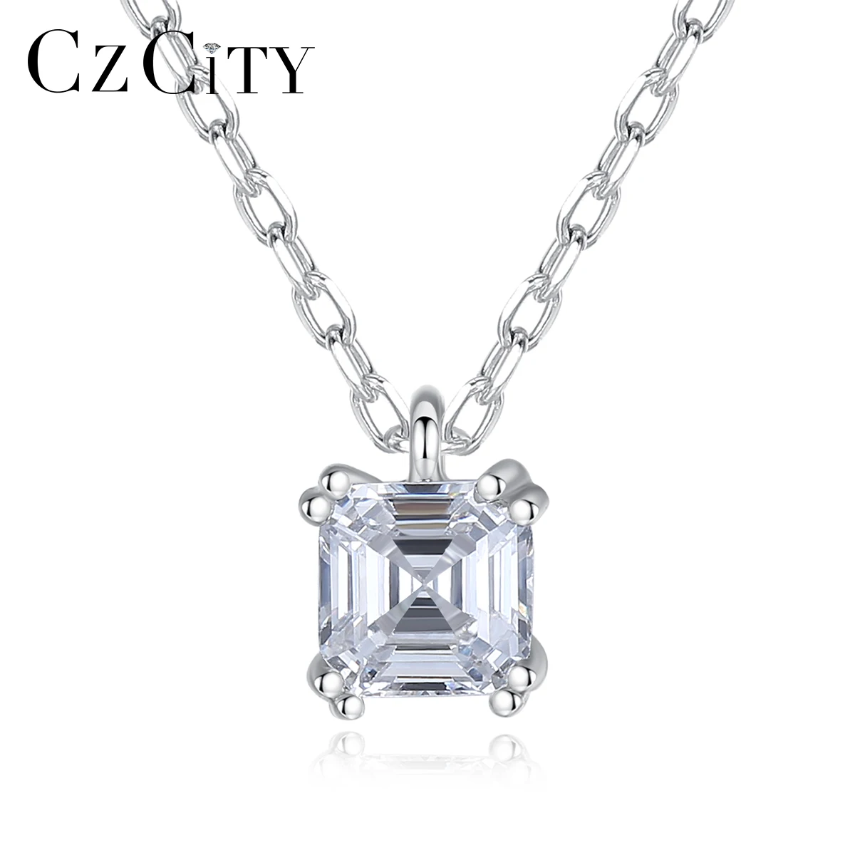 

CZCITY Princess Cutting Ice Out Stone Womens Sterling Silver Necklace Cute Classic Pendant Necklaces