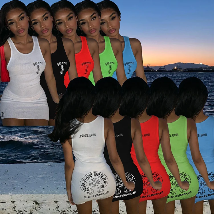 

XLL Summer trending 2021 ladies sleeveless print bodycon t-shirt dresses casual neon clothing for women white tank mini dresses