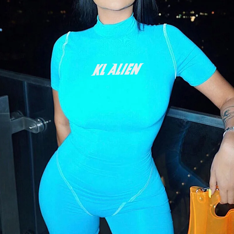 

Hot Sale Skinny Short Sleeve Playsuit Reflective Letter Print Rompers Female Turtleneck Fashion Casual Bodysuit, Picture shows