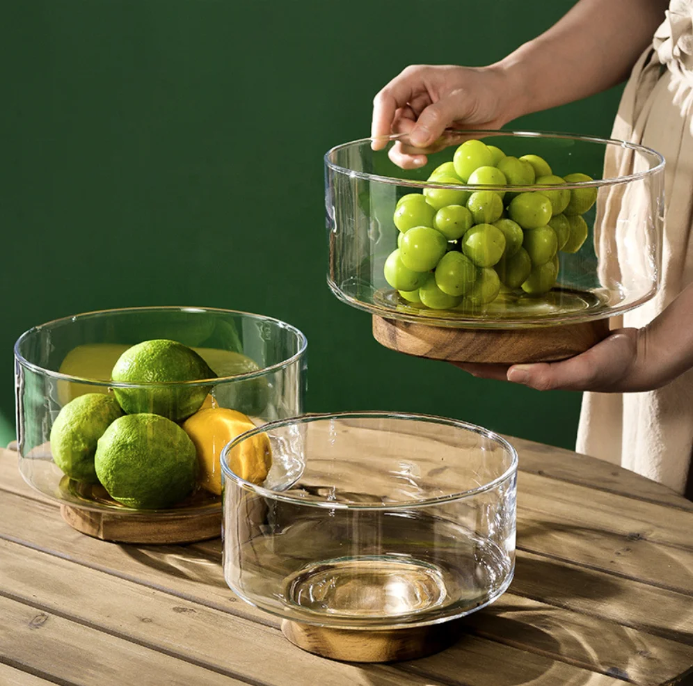 Hot Selling Glass Fruit Tray Home Simple Fashion Wooden Fruit Snack Nuts Light Luxury Glass Fruit Bowl