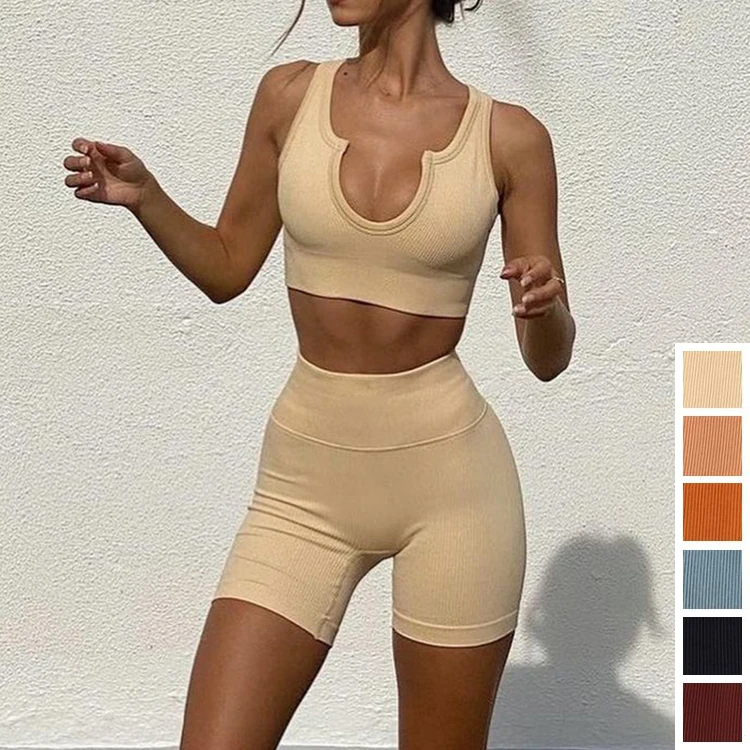 

gym outfit New Sexy Bra Shorts Seamless Fitness Yoga Wear Workout Gym Compression Custom Two Piece Short Set Yoga Sets, As picture