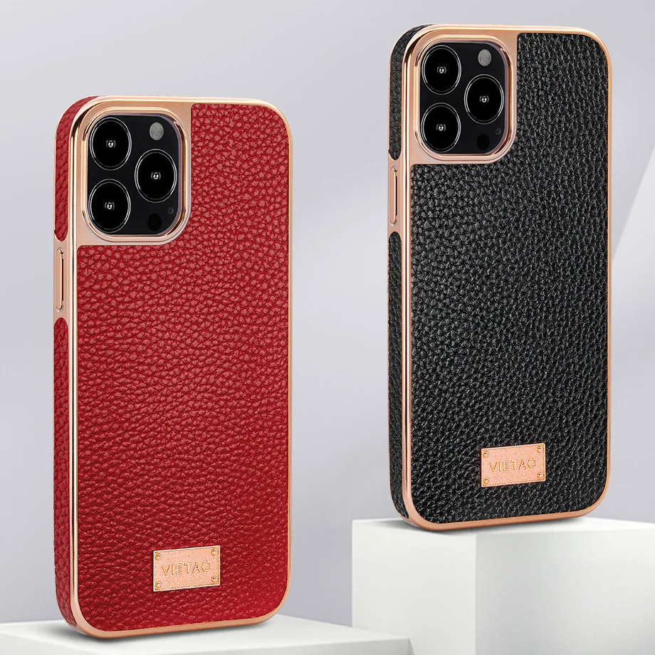 

VIETAO hot selling electroplating leather pebble phone case for iphone XR 11pro 12pro 13pro max customize protective cases, Black,white,pink,red,brown.