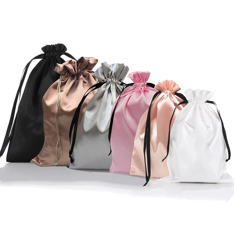 

Custom Logo Silk Satin Drawstring Gift Bags Virgin Hair Jewelry Makeup Packaging Bag Black White Silver Pink Silk Pouch
