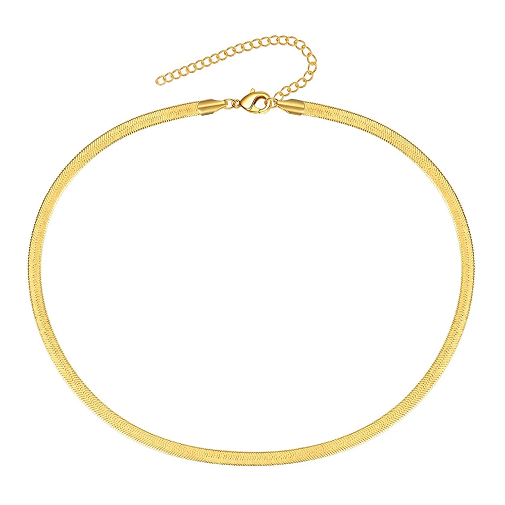

Short Stainless Steel Choker 14k 18k Gold Herringbone Chain Flat Snake Necklace For Women, Gold plating or silver