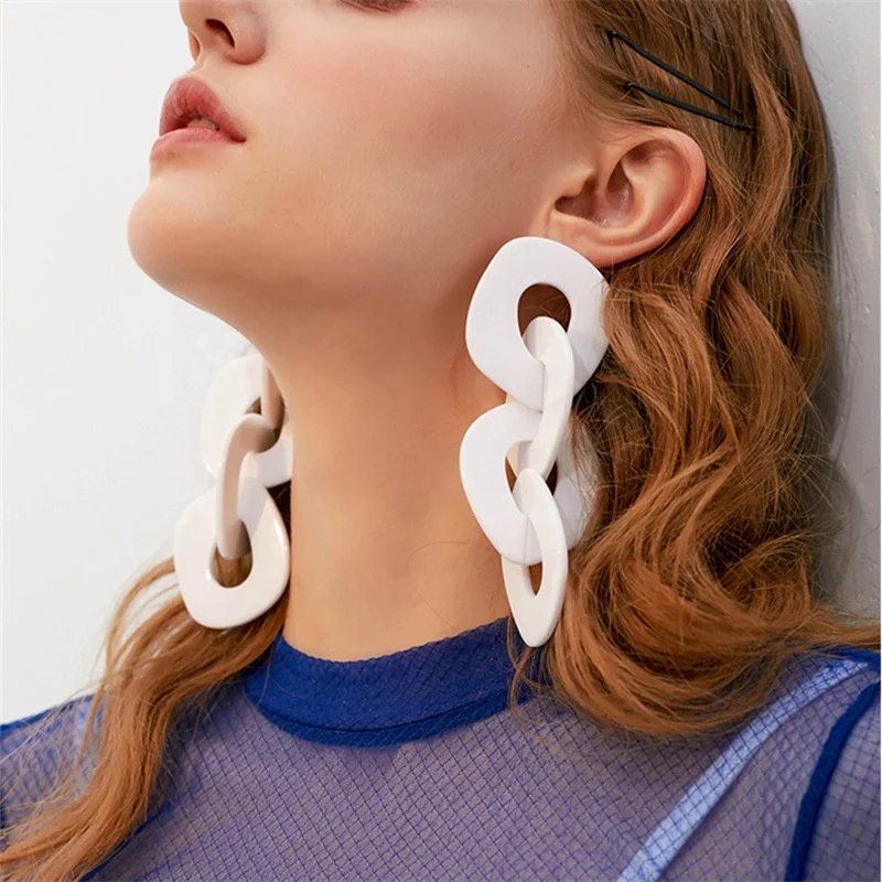 

Europe America long hanging exaggerated geometric link chain women retro personality earring white large hoop acrylic earrings