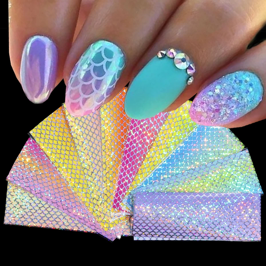 

10pcs Mermaid Skin Nail Foils Fish colorful Holographic water Transfer Sticker Starry Paper Wraps transfer printed stickers