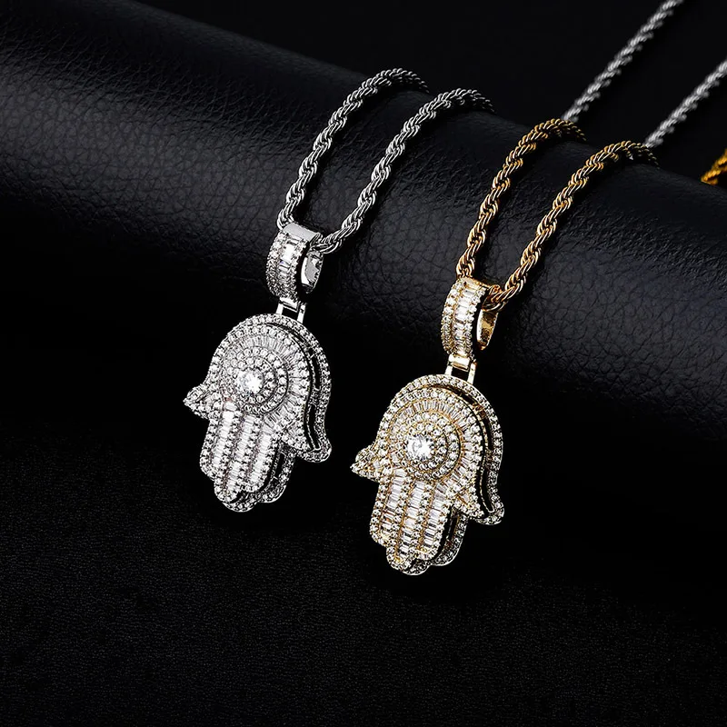 

Iced Hand Pendant Necklace in stock hip hop men jewelry micro pave cubic zirconia fatima's hand hamsa hand men necklace, Multi color