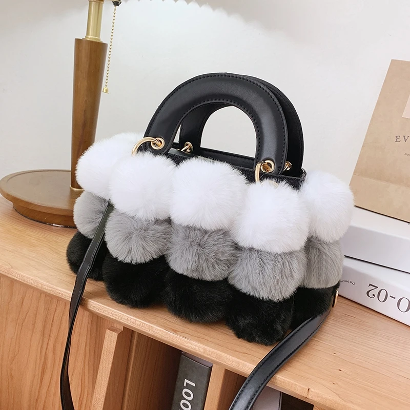 

China supplier Artificial faux fur handbag Fluffy fake fur bags new cute women winter rabbit fur ball pail shoulder bag