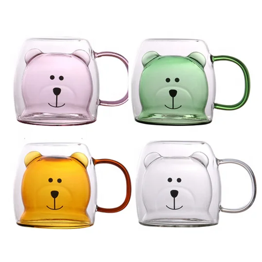 

Wholesale Colored Bear Borosilicate Drinking Coffee Tea Water Double Walled Glass Mug