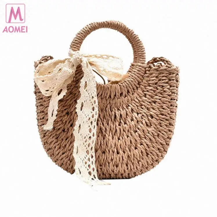 

Bb038 2021 Straw Bags Women Summer Rattan Bag Handmade Woven Beach Cross Body Bag Circle Handbag, Khaki,beige