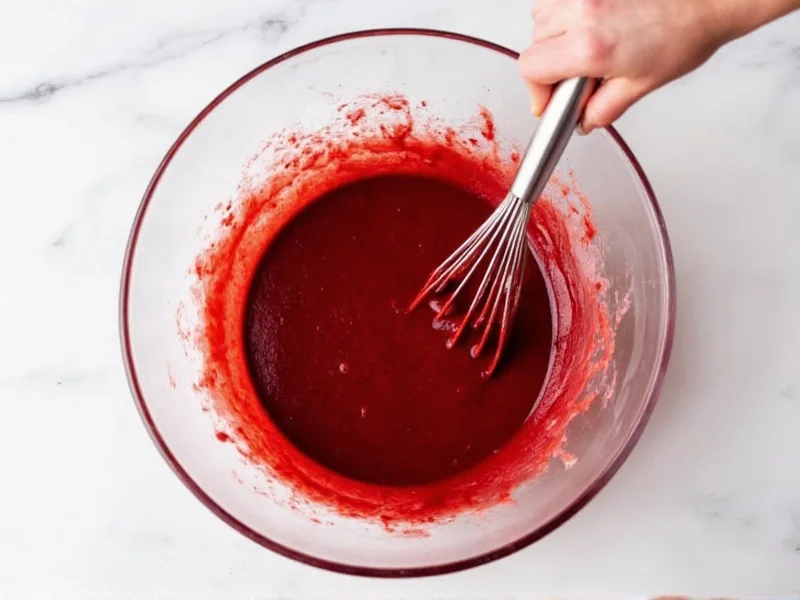 Mixing red velvet cake batter in glass bowl