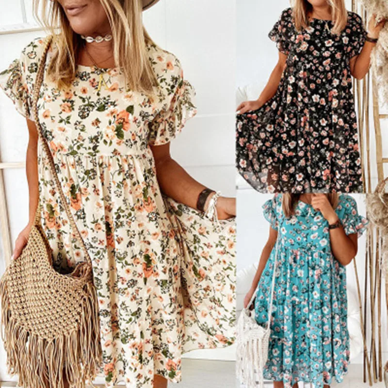 

Bohemian Floral Print Dress 2021 New Casual Elegent Chic Women Short Sleeve O-Neck Loose Pleated Summer Beach Big Size Dress, Shown