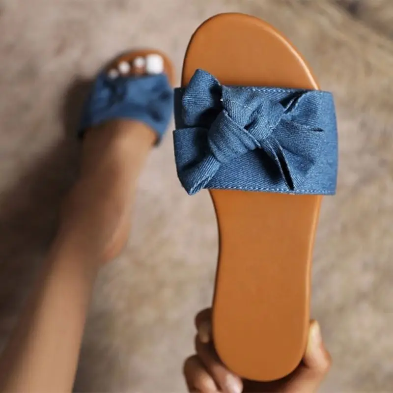 

Denim Bow Tie Lovely Slippers for Girls Summer Open Round Toe Sandals Shoes Women Slides Casual Daily Big Size 43, Blue