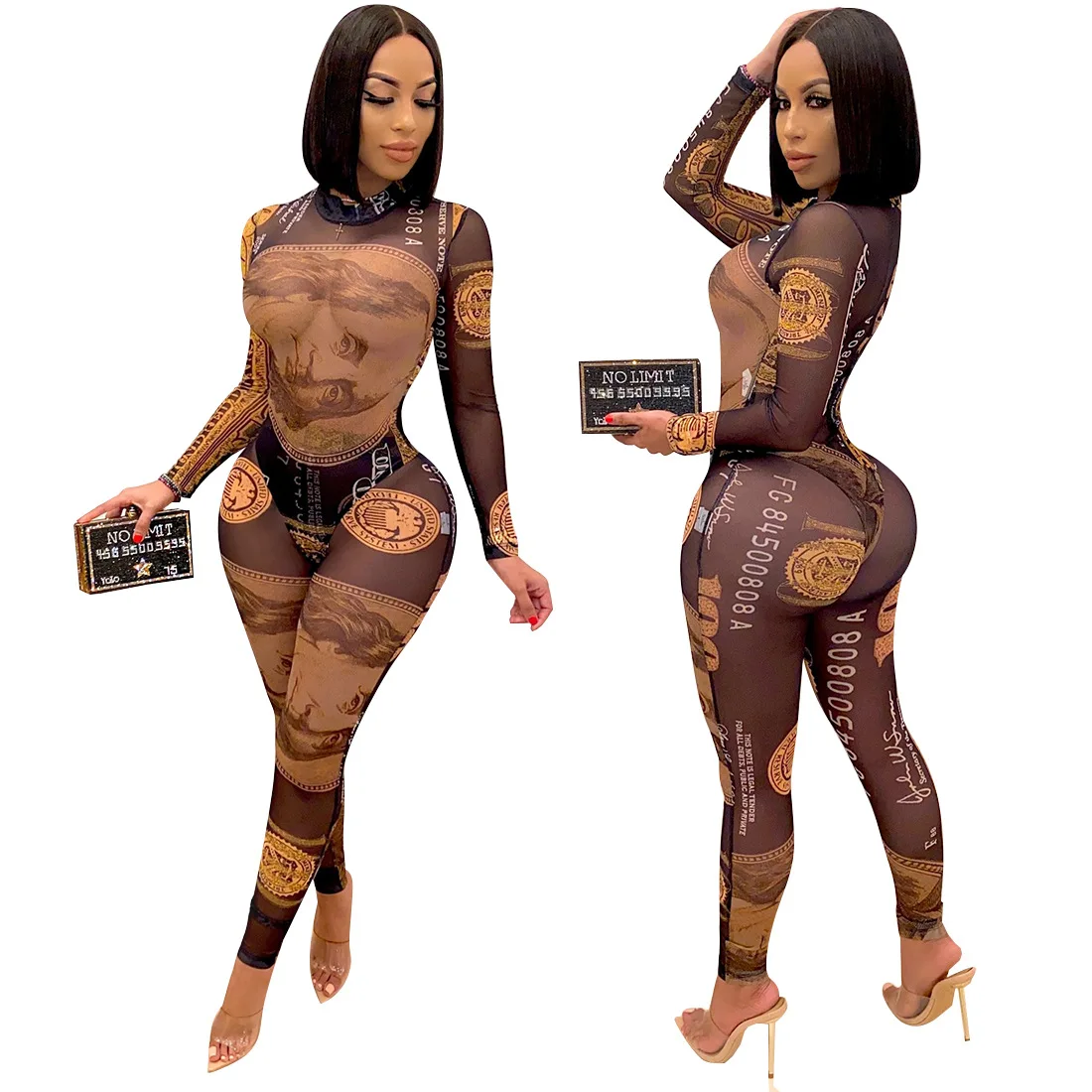 

2022 New Arrivals Dollars Printed SEXY BODY SUITS playsuit women jumpsuits + Pants 2 Piece Set Long sleeve woman sets