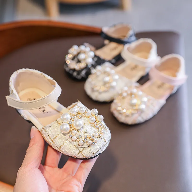 

New Korean pearl soft sole fashion princess designer dress kids girls shoes, White/pink/black