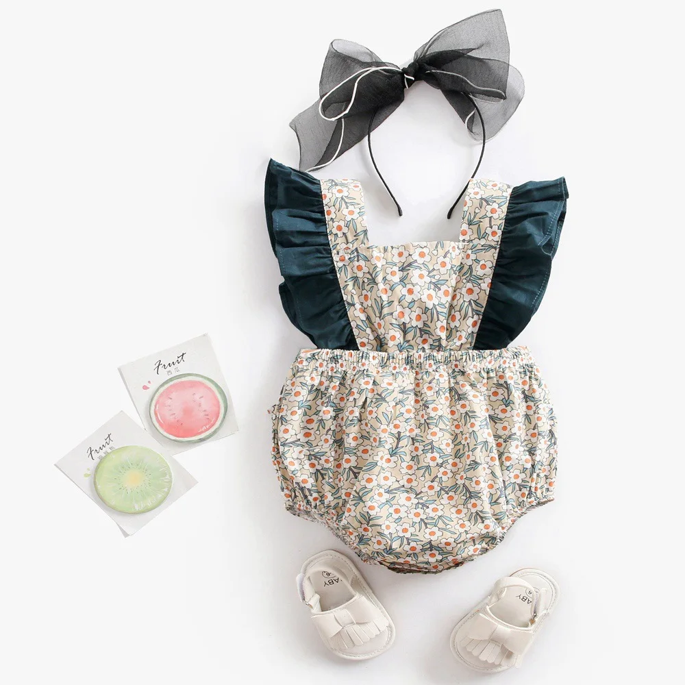 

Summer sleeveless flower onsies baby sun top clothing girls straps children bubble floral ruffle baby romper